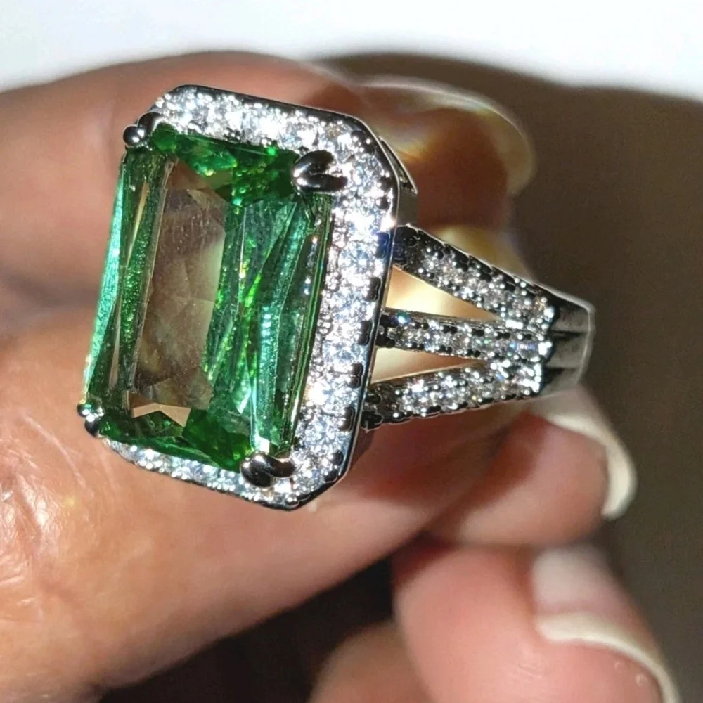 Women's Emerald Cut Green Peridot Halo Engagement Ring 14K White Gold Plated Sz9